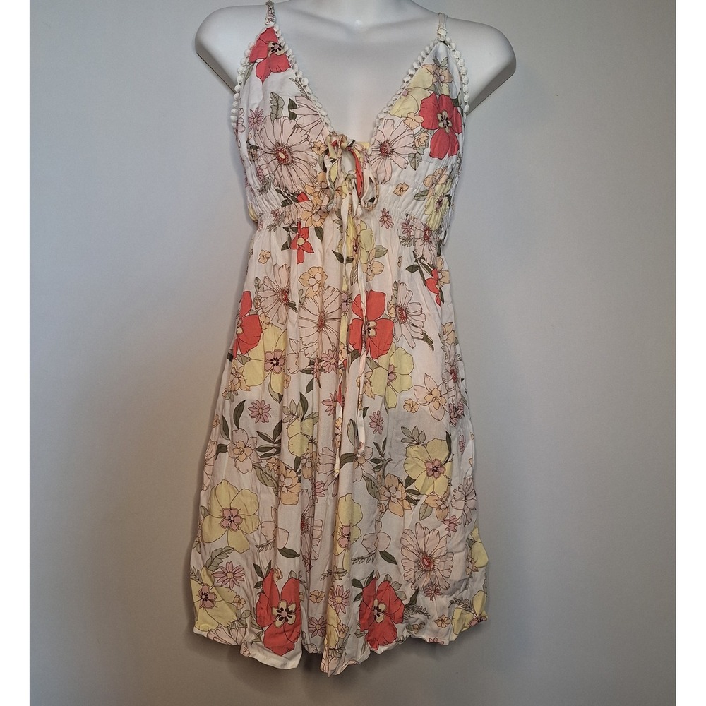 Ambiance Floral Mini Dress V-Neck Boho Sun Dress White Size Small